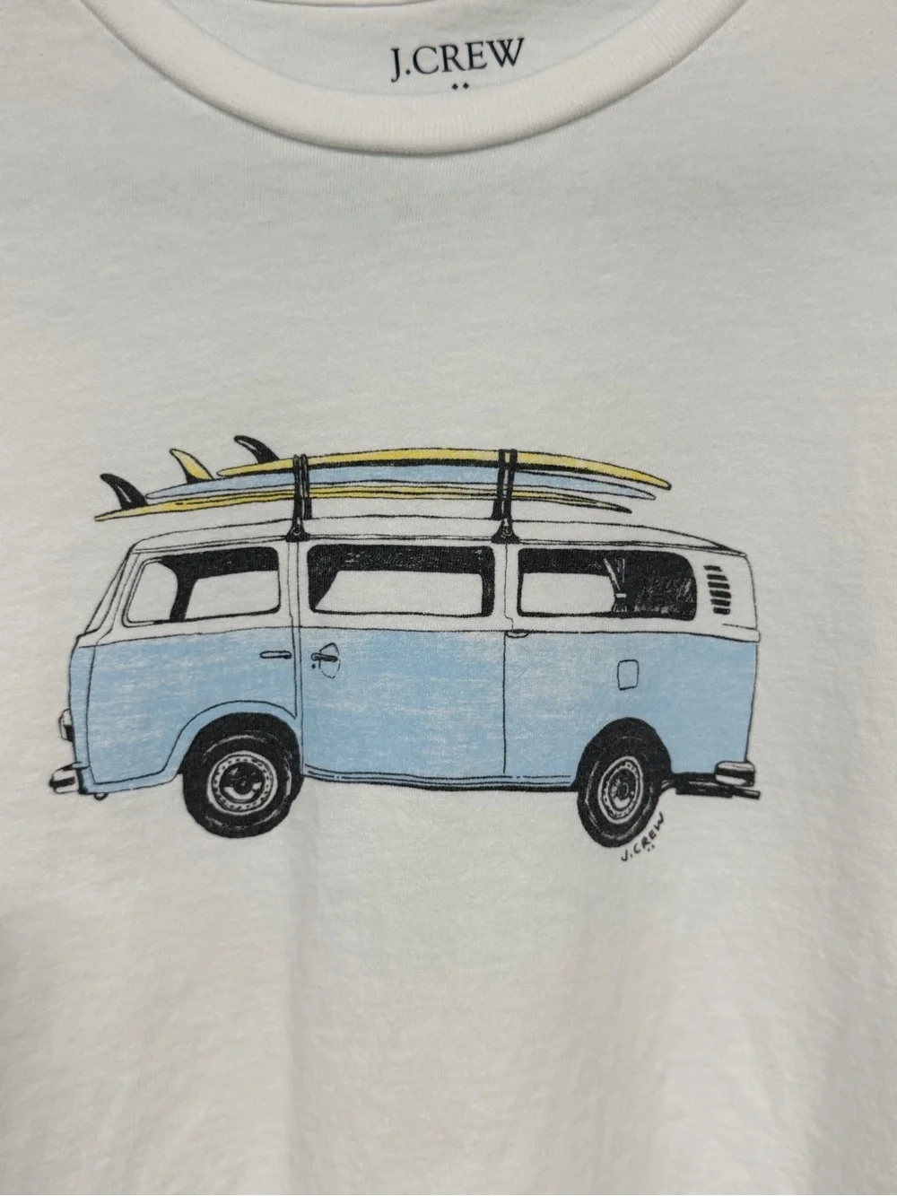 J. Crew Men’s White Short-Sleeve Tee with Light Blue Surf Van Graphic